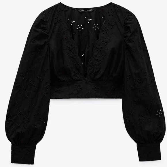 NWT Zara Black Eyelet Puff Sleeve Cropped Top With Embroidery Sz M 0881/002/800 - Picture 5 of 9
